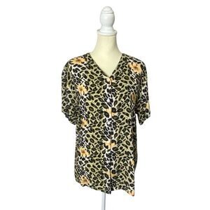 Vintage Allyson Whitmore Floral Animal Print Button Front Rayon Blouse Size M